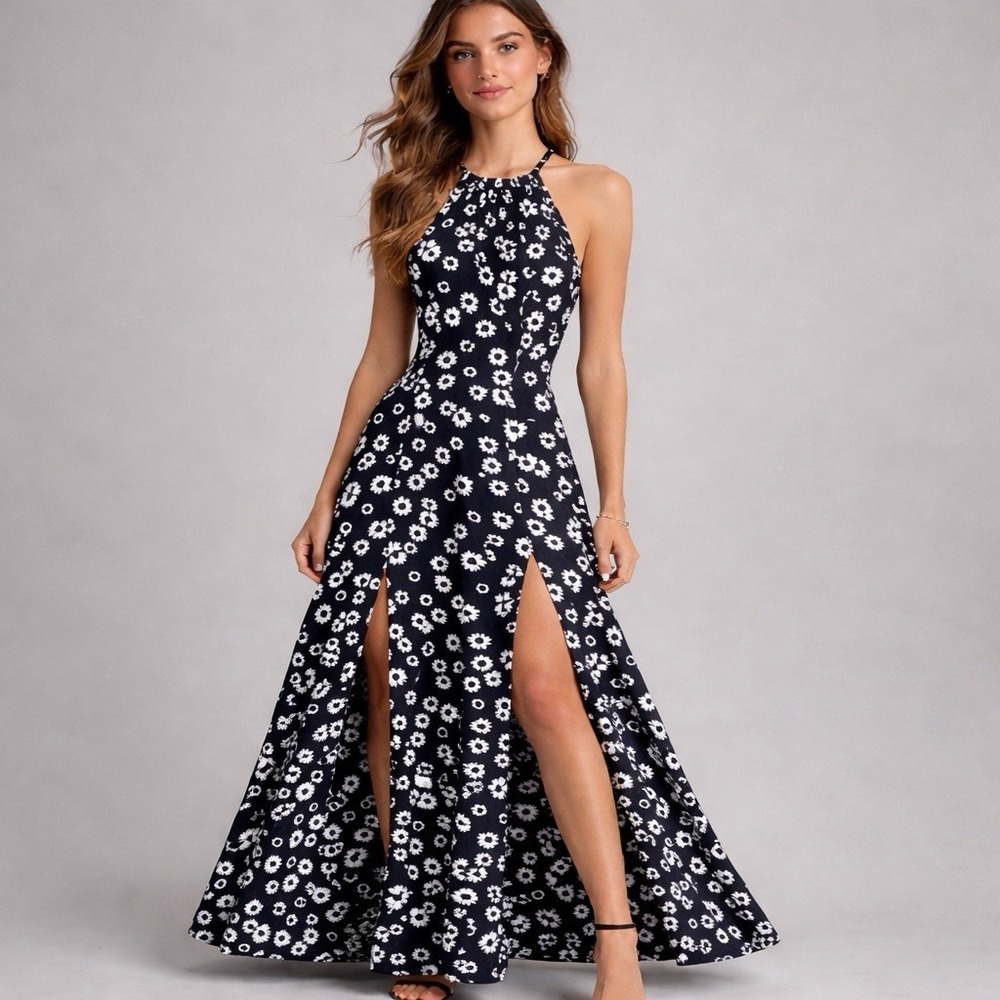 Candies Black Floral Halter Maxi‎ Dress Daisy Double Front Slit Small Summer